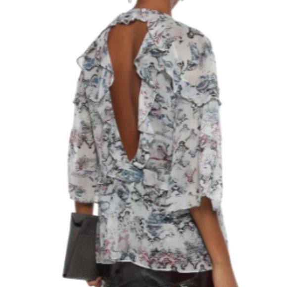 Iro Paris - Reopam Open-back Ruffled Snake-print Georgette Blouse In Light Gray - Picture 3 of 4